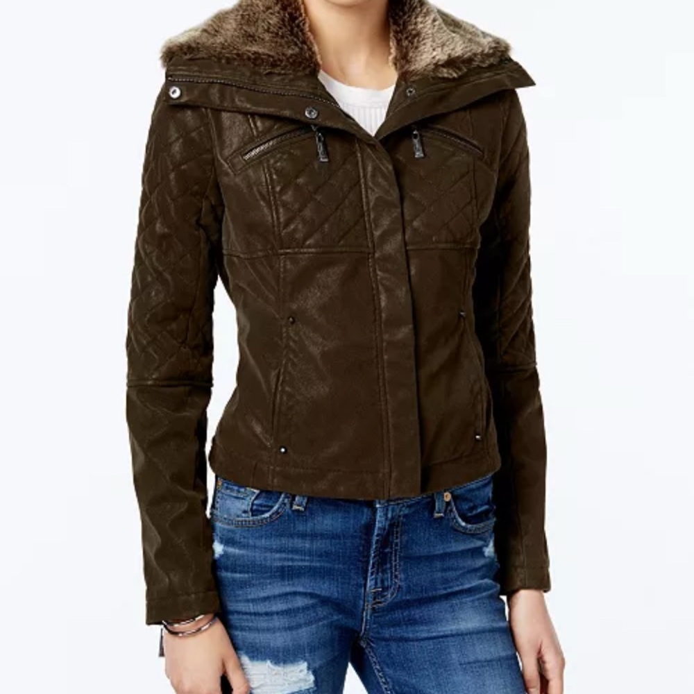 Juniors' Faux-Fur Collar Faux-Leather Jacket Size: Large